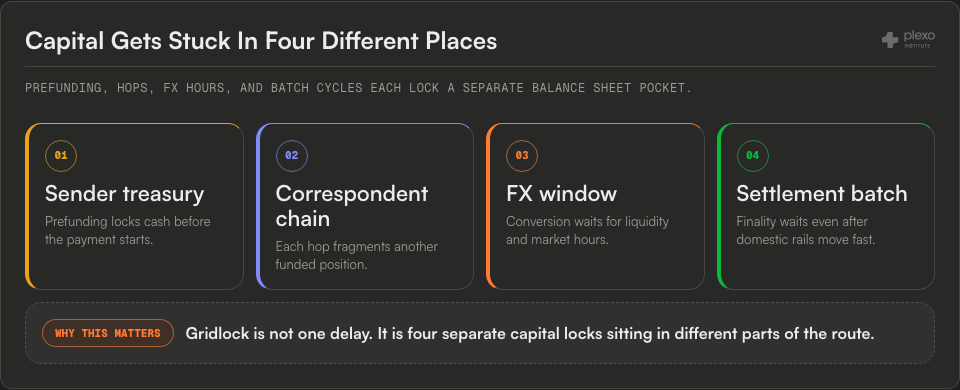 Cross-border payment route map showing capital locks at sender treasury prefunding, correspondent chain, FX window, and settlement batch.