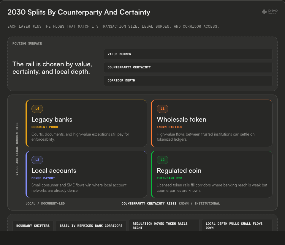 Stratification map showing wholesale token settlement, regulated coins, local accounts, and legacy banks sorted by transaction value, counterparty certainty, and corridor depth.