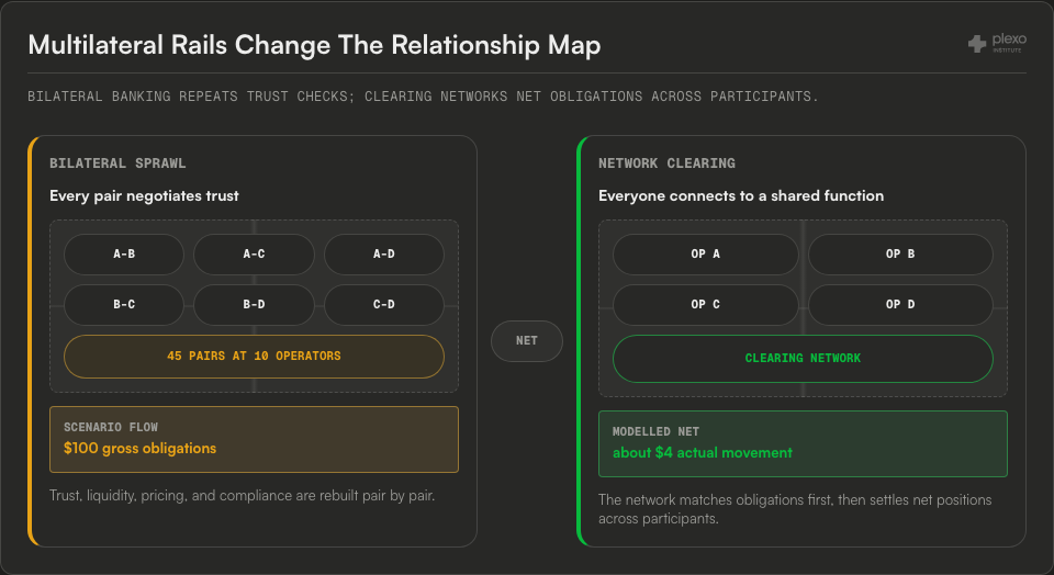 Topology diagram comparing a scenario bilateral pair mesh with a shared clearing network that nets modelled obligations before settlement.