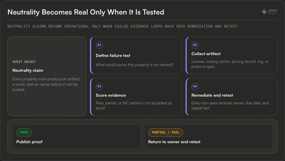 Neutrality audit loop showing failure tests, evidence artifacts, scoring, remediation and retest, with pass proof and partial-fail return paths.