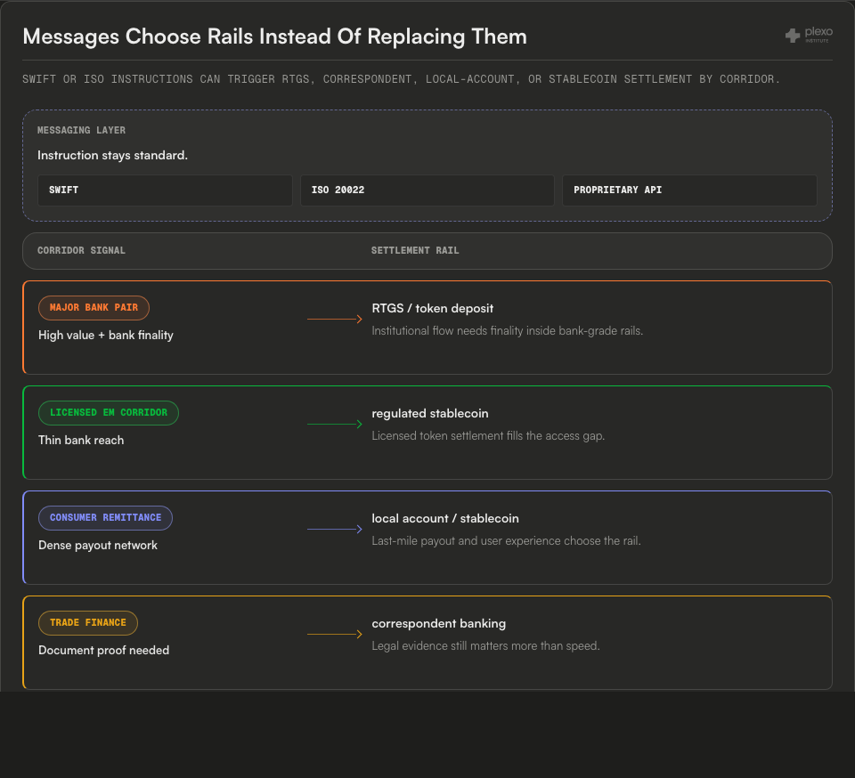 Two-layer routing map showing a standard messaging layer with SWIFT, ISO 20022, and proprietary API instructions choosing RTGS or token deposit, regulated stablecoin, local account, or correspondent settlement rails.