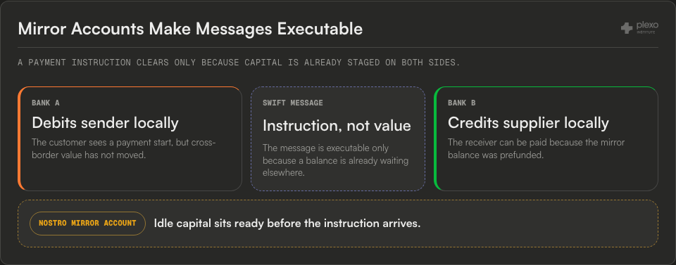 Prefunding flow showing sender bank debit, SWIFT instruction, receiver bank credit, and an idle nostro mirror account that has to sit ready before the instruction arrives.