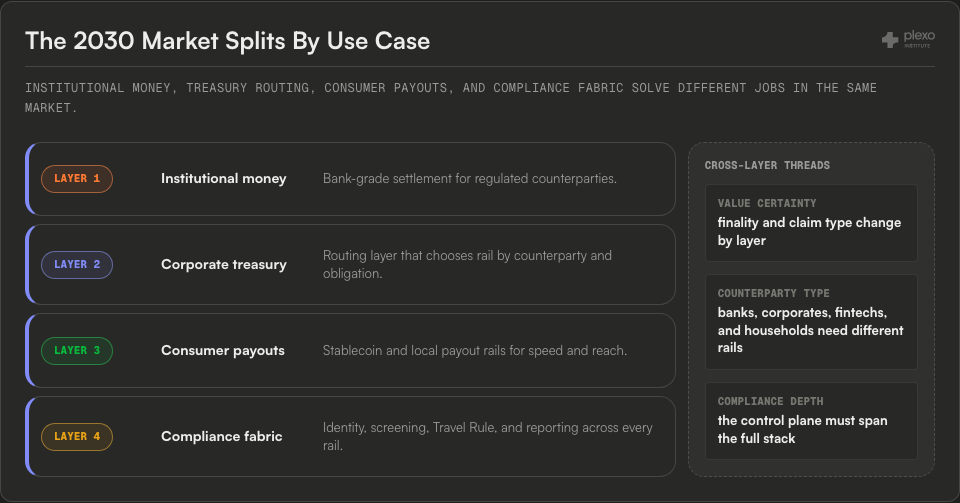 Four-layer 2030 stablecoin market architecture stack with institutional money, corporate treasury, consumer payouts, compliance fabric, and cross-layer value, counterparty, and compliance threads.
