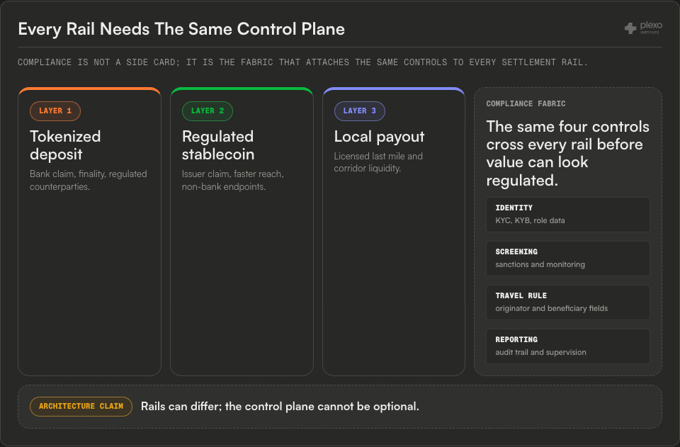 Compliance fabric diagram showing tokenized deposit, regulated stablecoin, and local payout rails crossed by identity, screening, Travel Rule, and reporting controls.