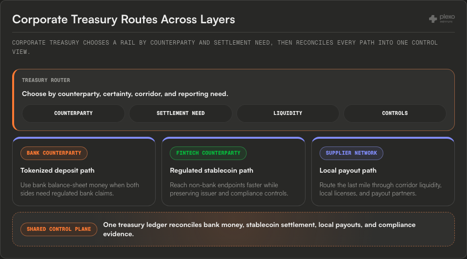 Corporate treasury routing board showing counterparty, settlement need, liquidity, and controls routing into tokenized deposit, regulated stablecoin, and local payout paths before shared reconciliation.