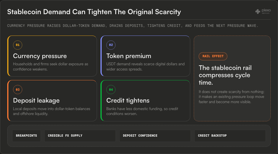Scarcity flywheel diagram showing currency pressure, token premium, deposit leakage, tighter credit, rail acceleration, and policy breakpoints.