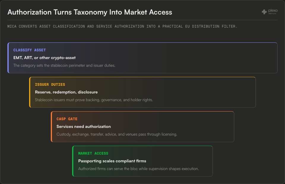 Funnel diagram showing MiCA asset classification, issuer duties, CASP authorization, and passported EU market access.