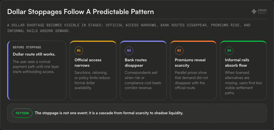 Dollar stoppage cascade diagram showing before-stoppage access, official access narrowing, bank routes disappearing, scarcity premiums appearing, and informal rails absorbing flow.